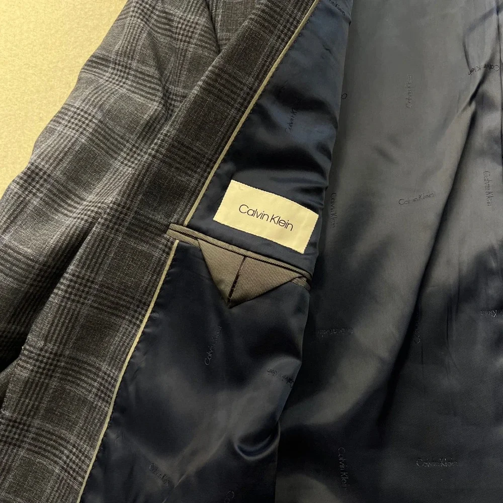 Calvin Klein Mens 52R Blue Glen Plaid Wool Blend 2 Button Suit Jacket Blazer